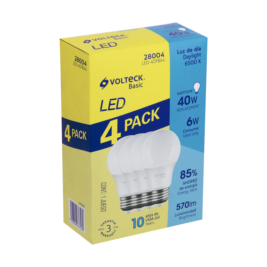 LED-40FBX4 Pack 4 focos LED 6W (40W) A19, 6500K fría, 570 lm, BASIC