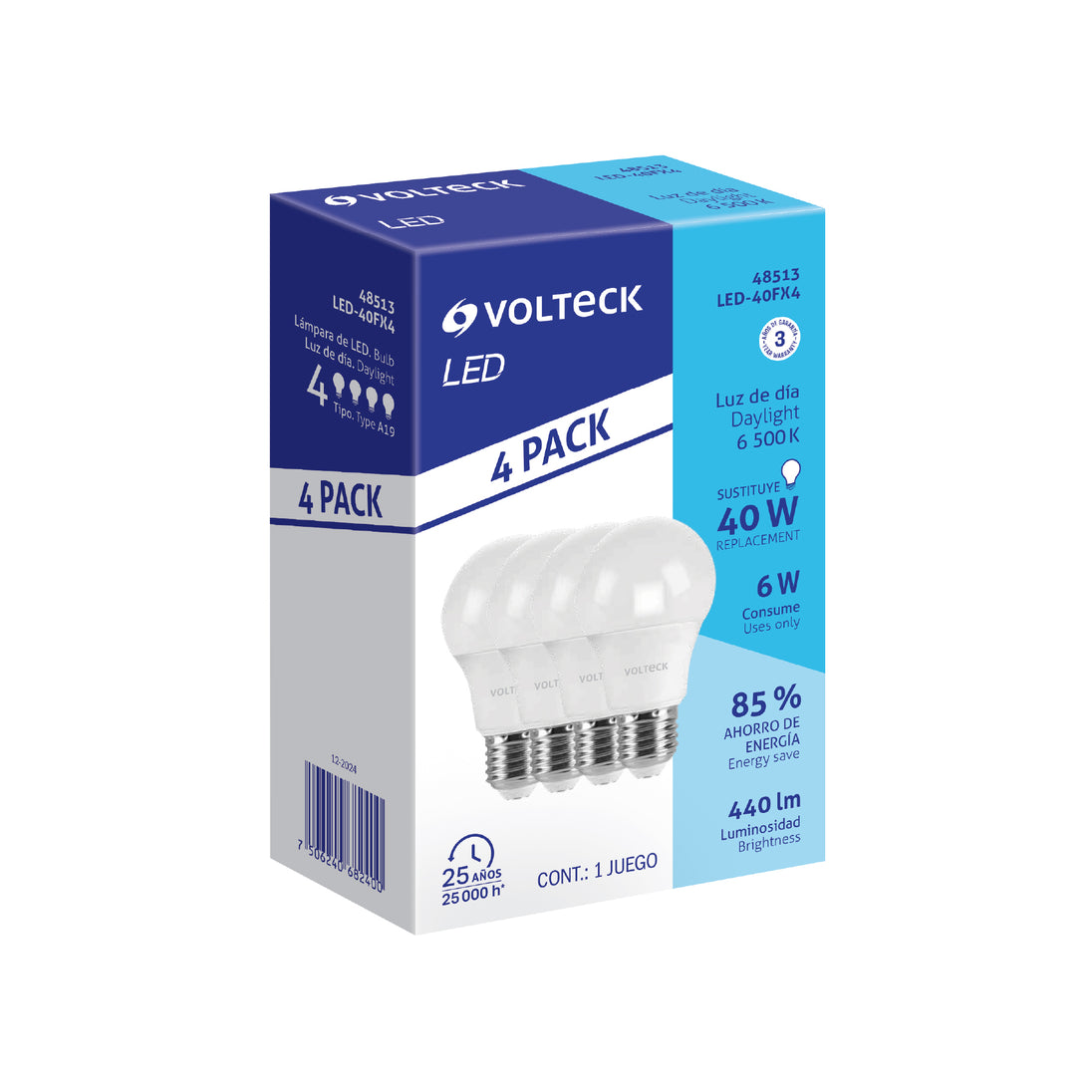 LED-40FX4 Pack 4 focos LED 6W (40W) A19, 6500K blanca fría, 440 lm