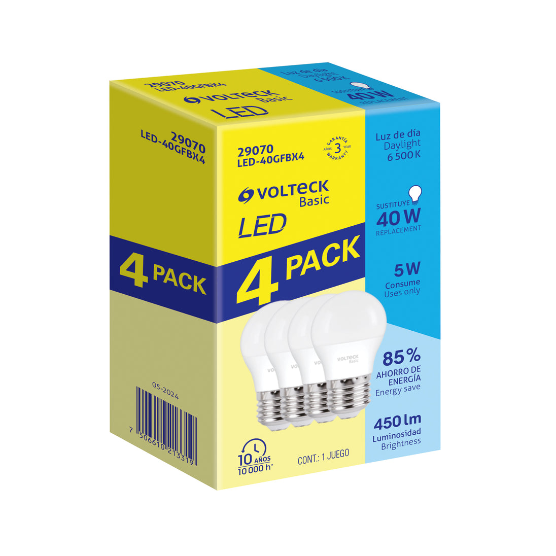LED-40GFBX4 Pack 4 focos LED 5W (40W) G45, 6500K fría, 450 lm, BASIC