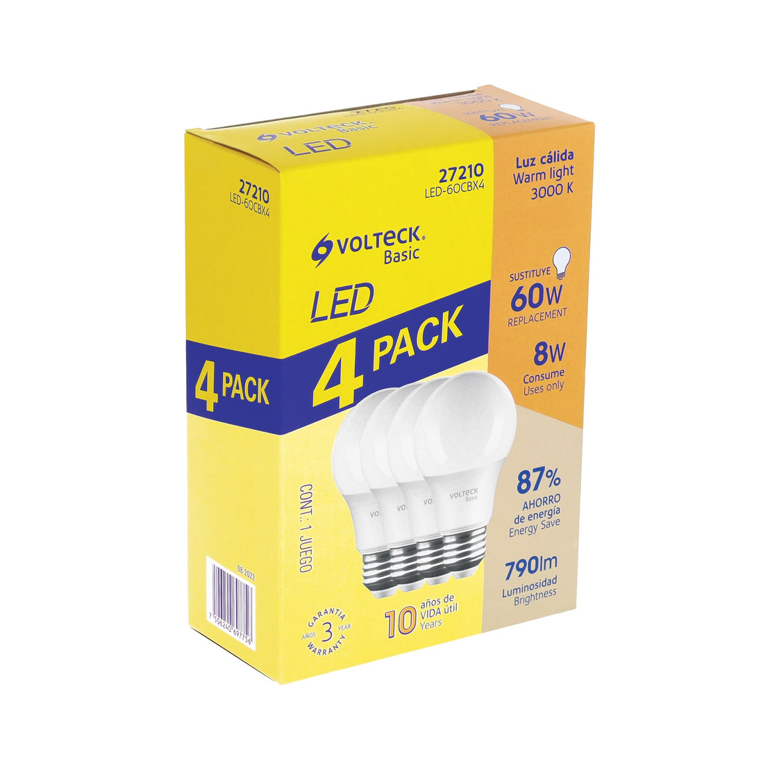 LED-60CBX4 Pack 4 focos LED 8W (60W) A19, 3000K cálida, 790 lm, BASIC