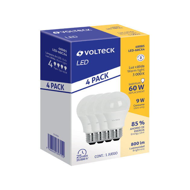 LED-60CX4 Pack 4 focos LED 9W (60W) A19, 3000K blanca cálida, 800 lm