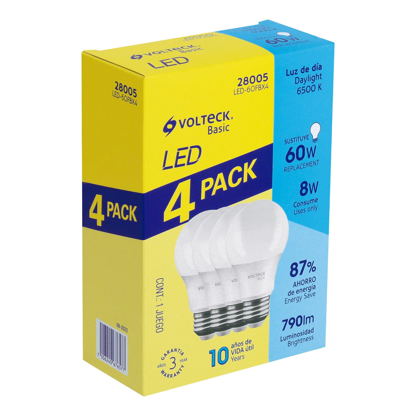 LED-60FBX4 Pack 4 focos LED 8W (60W) A19, 6500K fría, 790 lm, BASIC