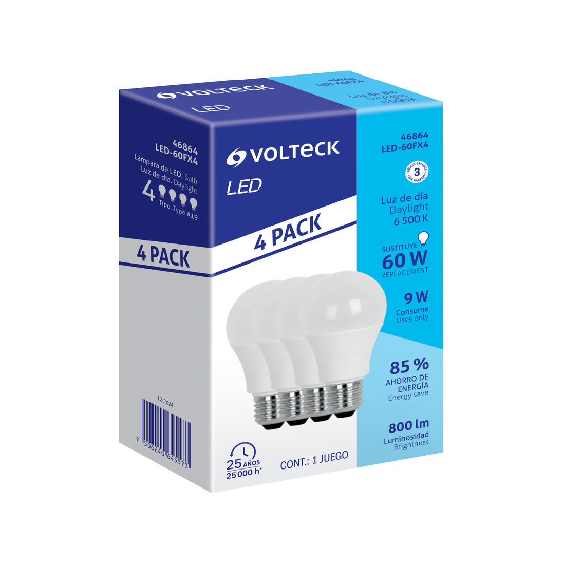LED-60FX4 Pack 4 focos LED 9W (60W) A19, 6500K blanca fría, 800 lm