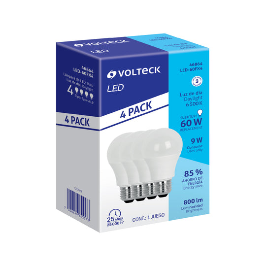 LED-60FX4 Pack 4 focos LED 9W (60W) A19, 6500K blanca fría, 800 lm