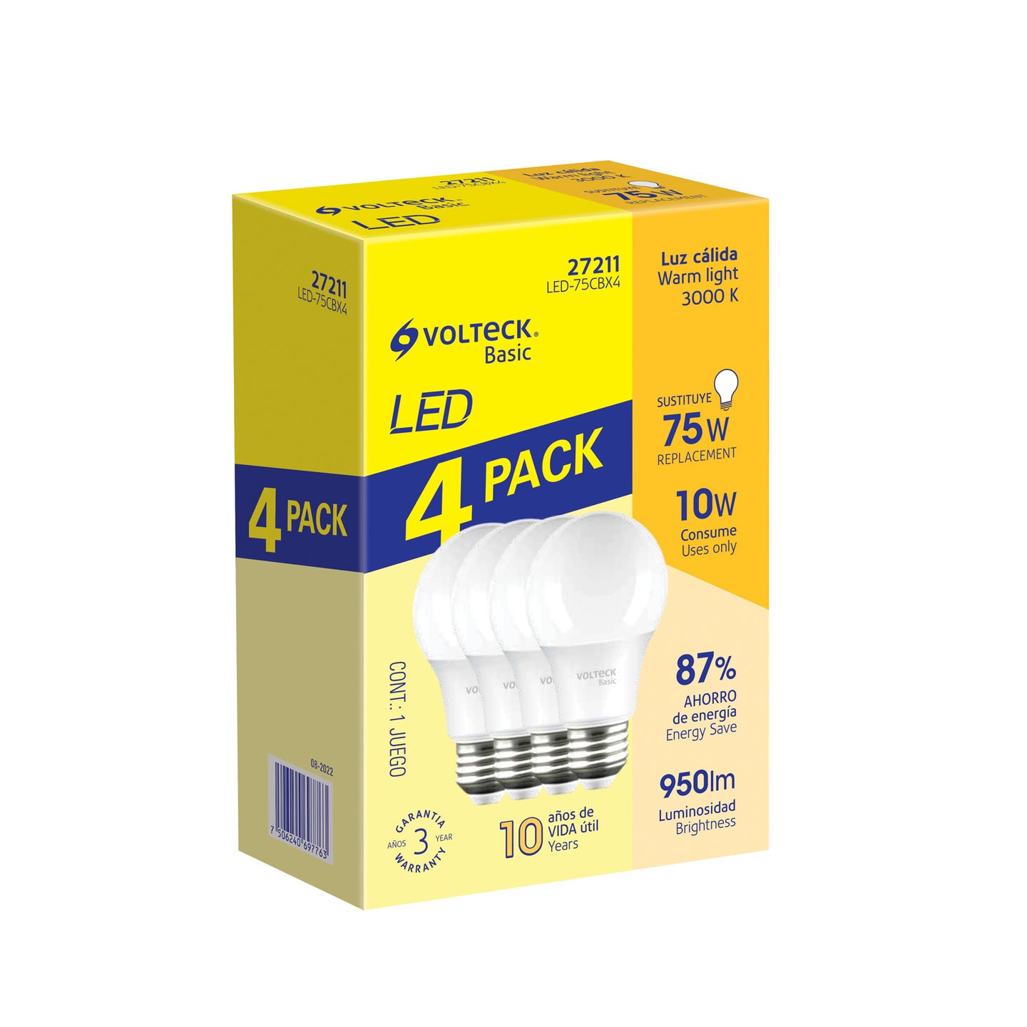 LED-75CBX4 Pack 4 focos LED 10W (75W) A19, 3000K cálida, 950 lm, BASIC