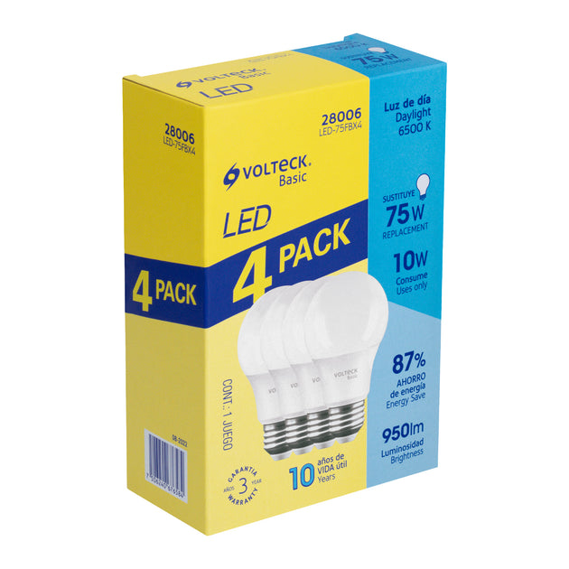 LED-75FBX4 Pack 4 focos LED 10W (75W) A19, 6500K fría, 950 lm, BASIC