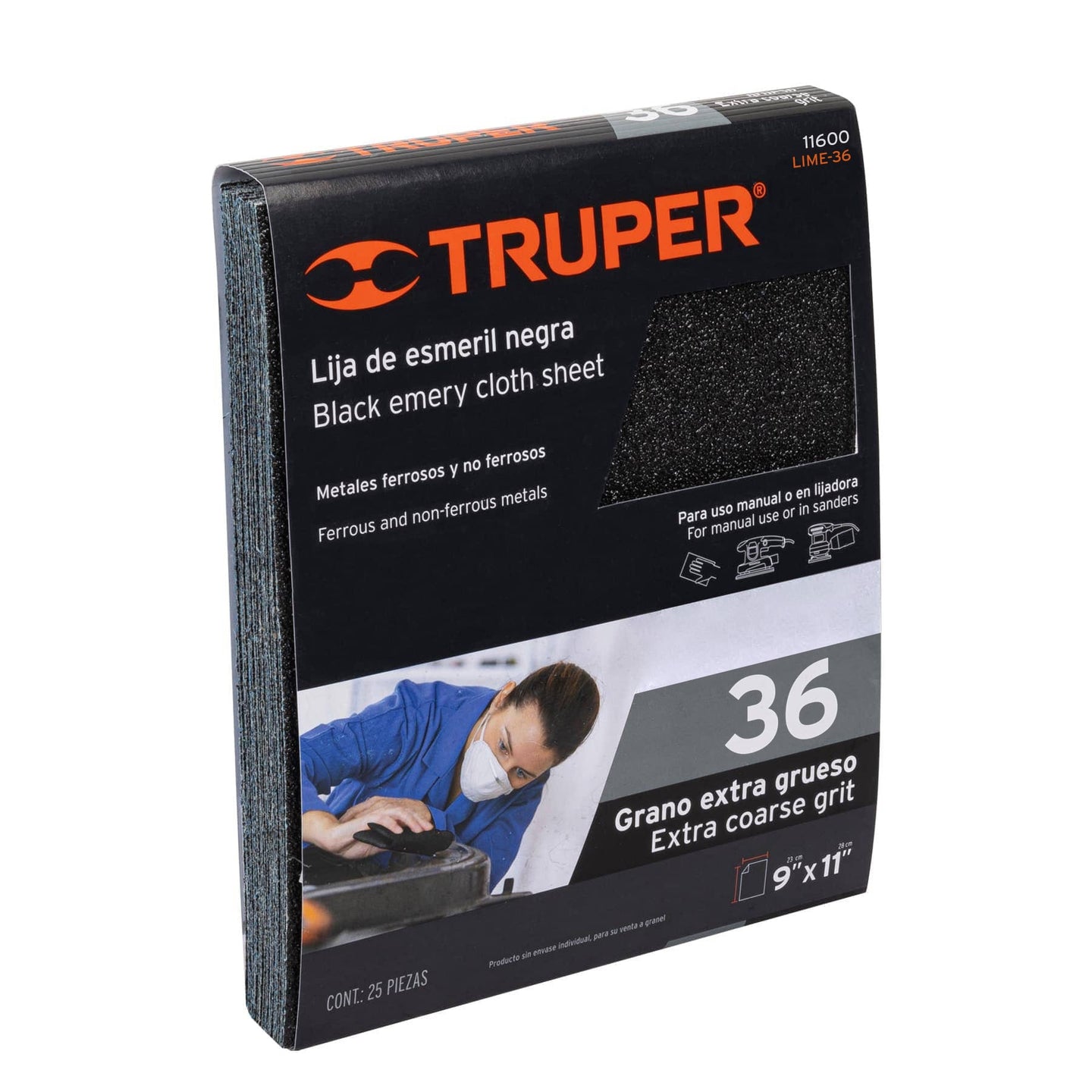 LIME-36 Lija de esmeril negra grano 36 de óxido de aluminio, Truper