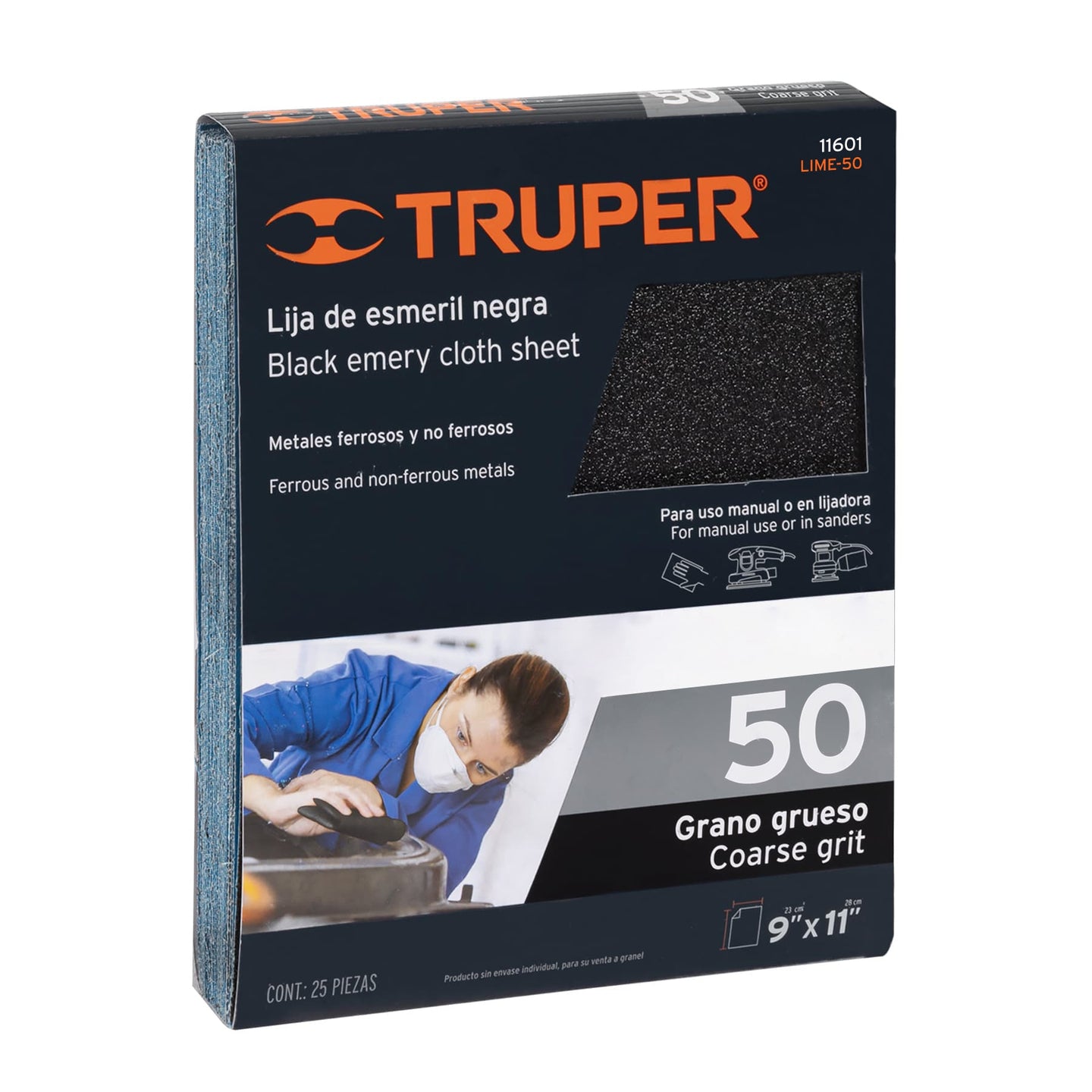 LIME-50 Lija de esmeril negra grano 50 de óxido de aluminio, Truper