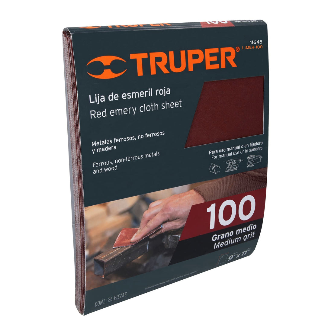 LIMER-100 Lija de esmeril roja grano 100 de óxido de aluminio, Truper