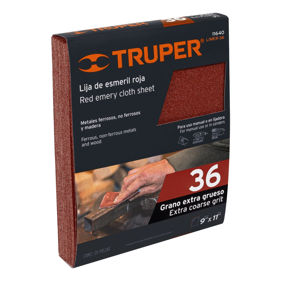 LIMER-36 Lija de esmeril roja grano 36 de óxido de aluminio, Truper