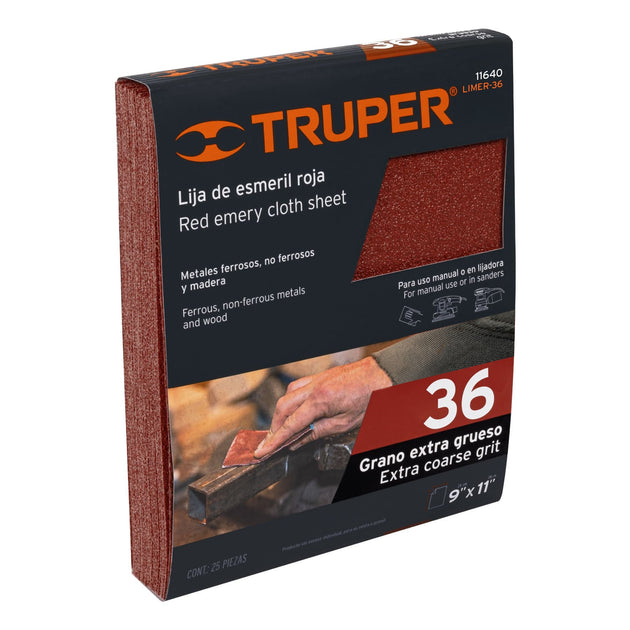 LIMER-36 Lija de esmeril roja grano 36 de óxido de aluminio, Truper