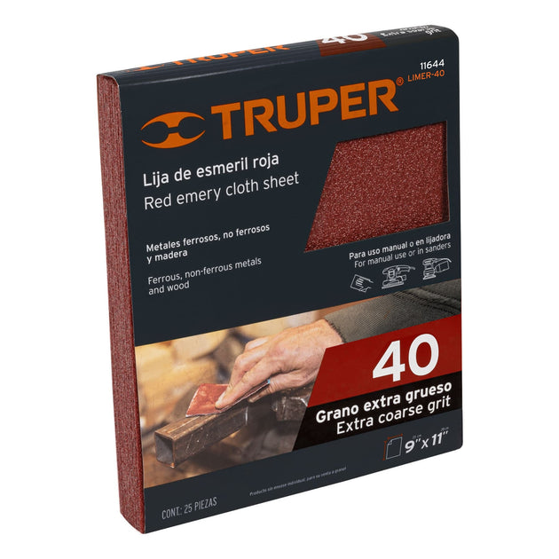 LIMER-40 Lija de esmeril roja grano 40 de óxido de aluminio, Truper