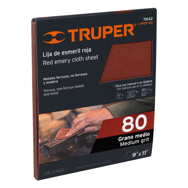 LIMER-80 Lija de esmeril roja grano 80 de óxido de aluminio, Truper