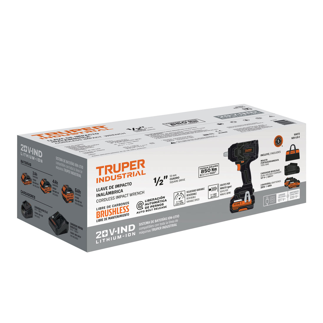 Truper N20-LL8-2 Llave Impacto 1/2" 20V Brushless 850Nm 2x4Ah