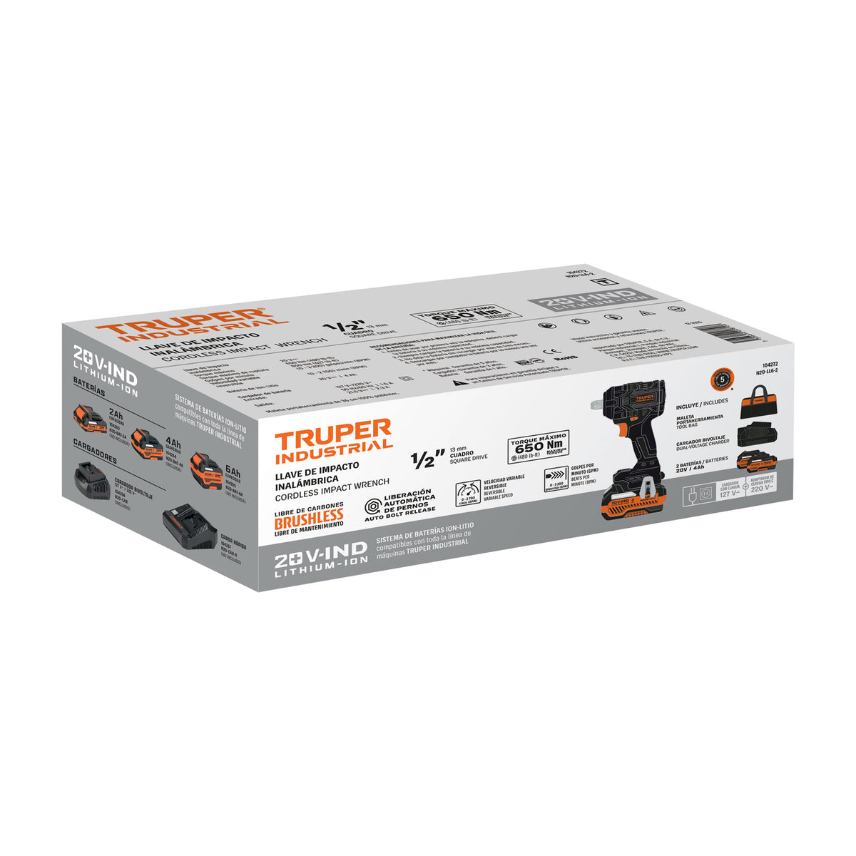 Llave Impacto Truper 20V 1/2" 650Nm Brushless 2 Bat 4Ah N20-LL6-2