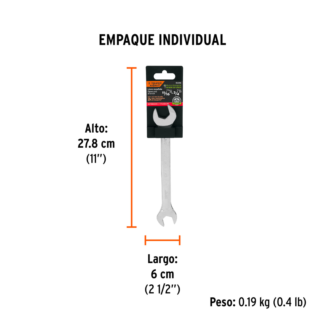 LL-3035 Llave española, 11/16 x 3/4" x 220 mm de largo, Expert