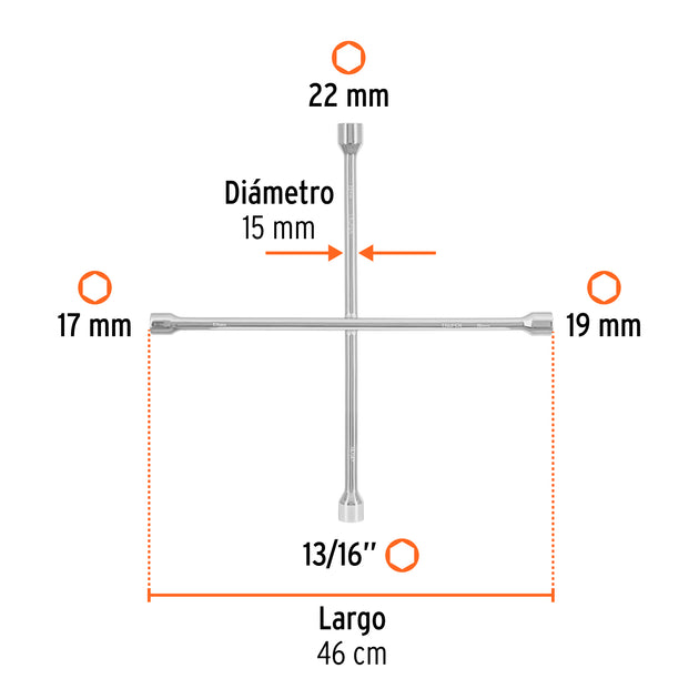 Llave de Cruz 4 Bocas Truper LLCR-183M | 17, 19, 22 mm y 13/16"