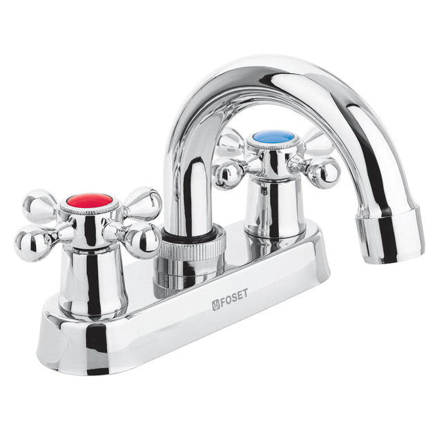 M-050E Mezcladora 4" para lavabo, cuello curvo, manerales cruceta