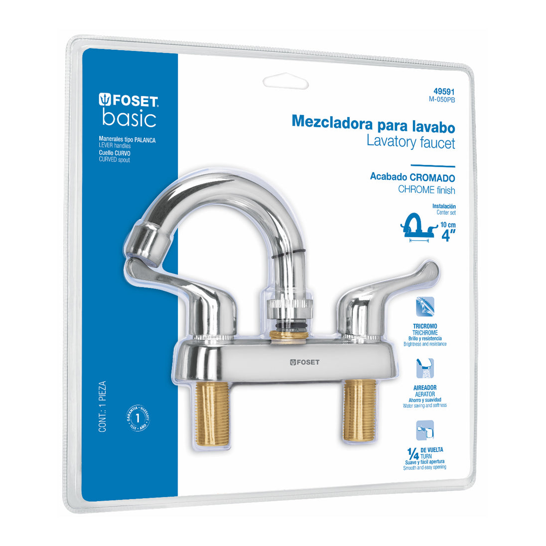 M-050PB Mezcladora 4" lavabo, ABS,cuello curvo,palanca,blíster,BASIC