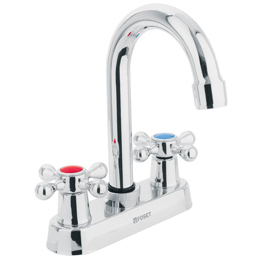 M-060E Mezcladora 4" para lavabo, cuello bar, manerales cruceta