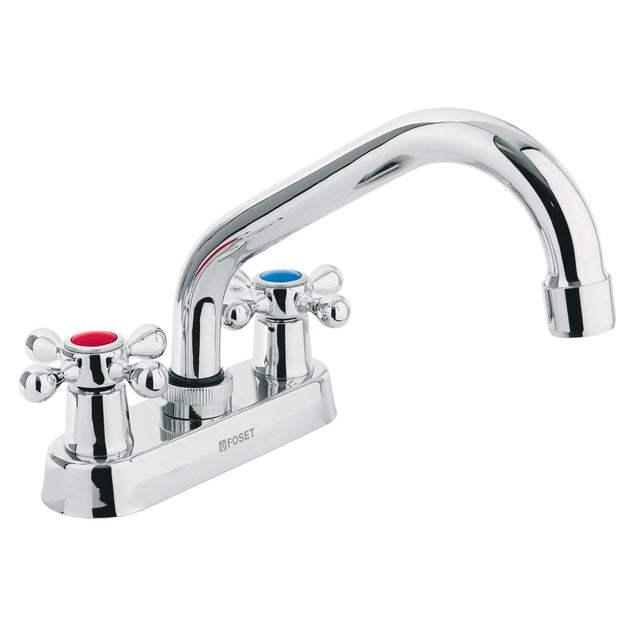 M-070E Mezcladora 4" para lavabo, cuello tubular, manerales cruceta