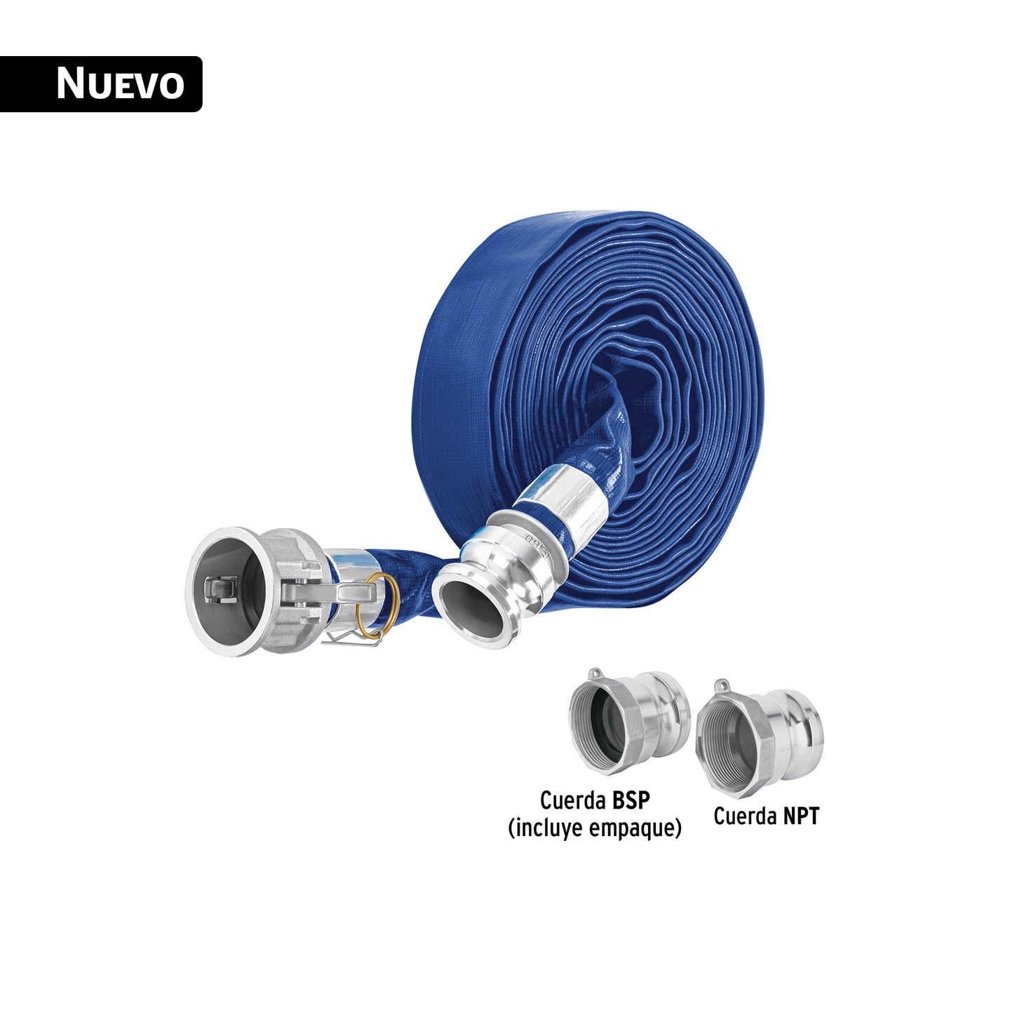 M157DC Rollo de manguera plana 1.5"x7.5m de descarga con conexiones