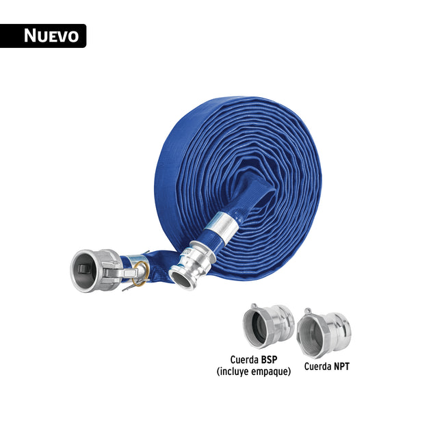 M17DC Rollo de manguera plana 1" x 7.5m de descarga con conexiones