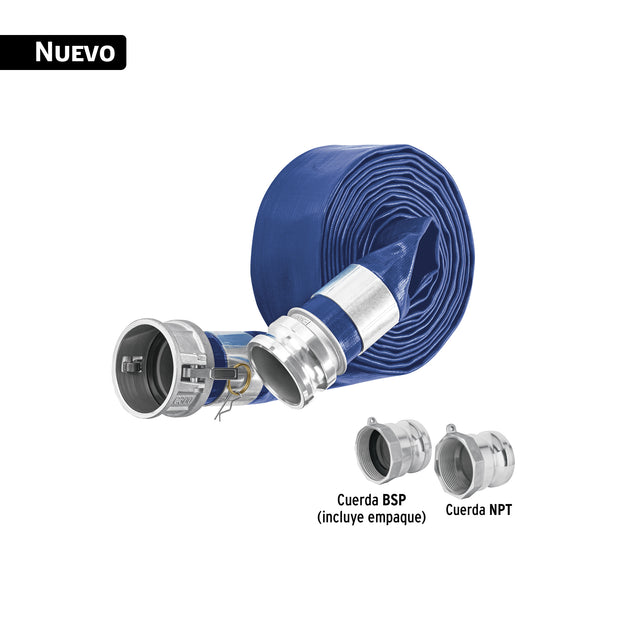 M37DC Rollo de manguera plana 3" x 7.5m de descarga con conexiones