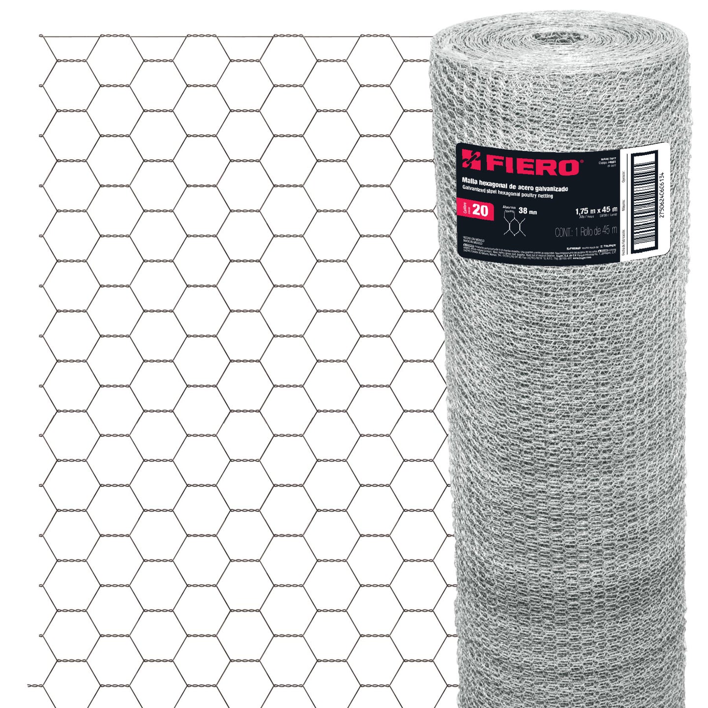 MAHE-3817 Rollo malla hexagonal cal.20, 1.75x 45m, abertura 38mm, 21kg