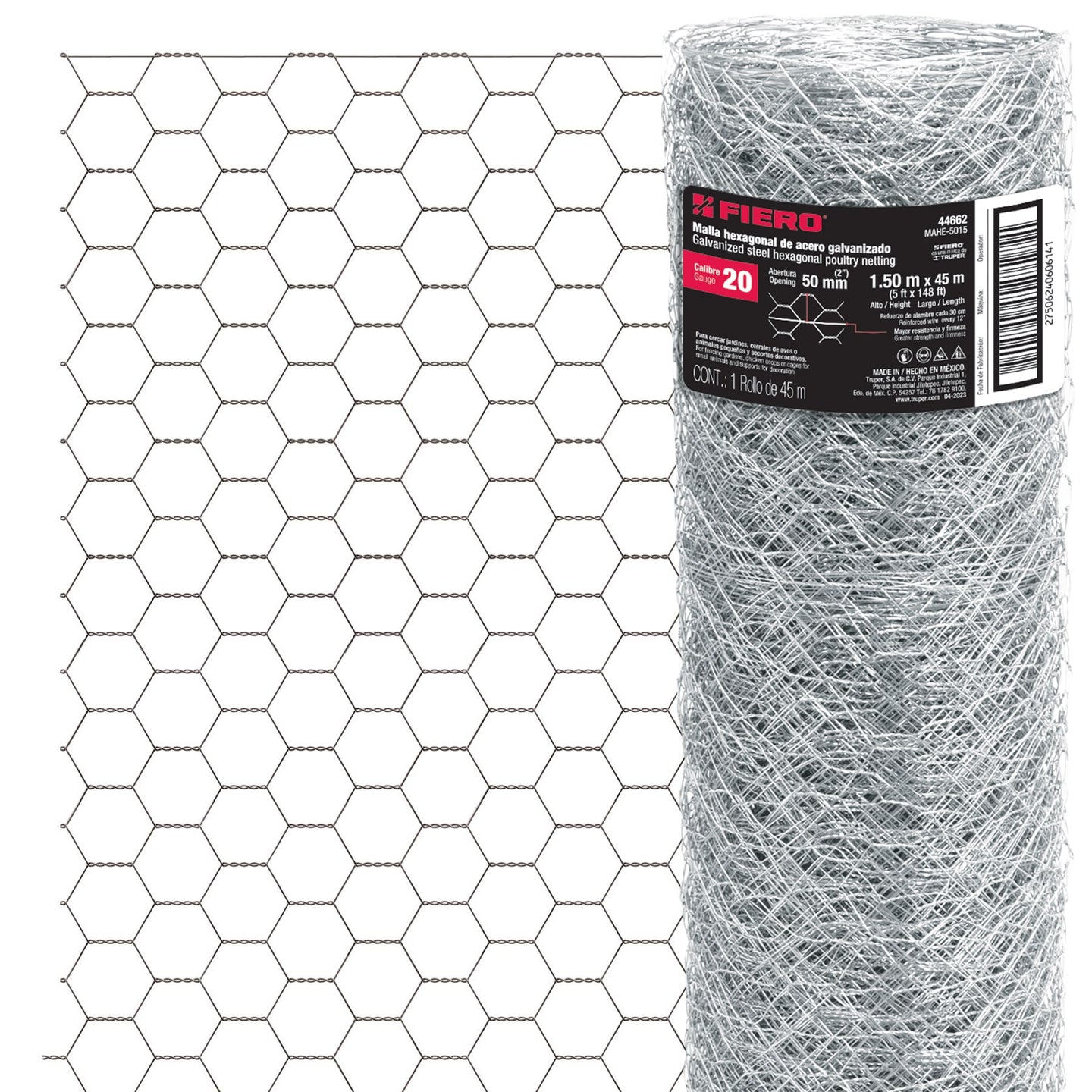 MAHE-5015 Rollo malla hexagonal cal.20, 1.5x 45m, abertura 50mm, 15kg
