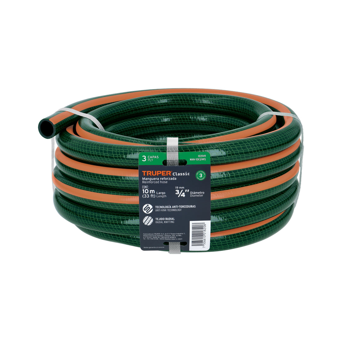 MAN-10X3/4RS Manguera de jardín 3/4", 3 capas, 10m, sin conexiones TRUPER