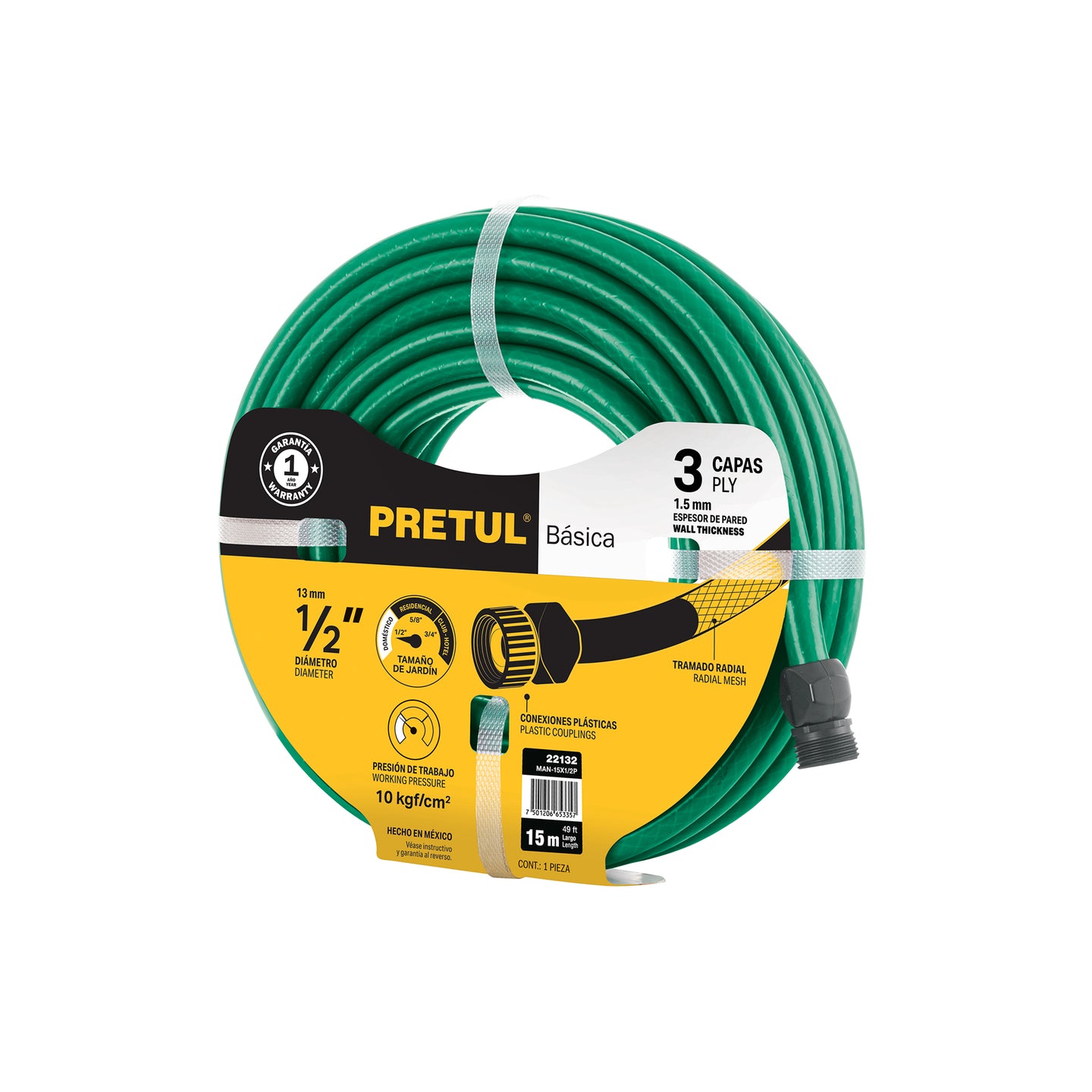 MAN-15X1/2P Manguera verde 1/2" 3 capas 15m conexiones plásticas, PRETUL