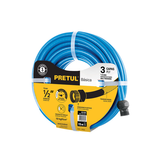 MAN-15X1/2PA Manguera azul 1/2" 3 capas 15 m conexiones plásticas, PRETUL