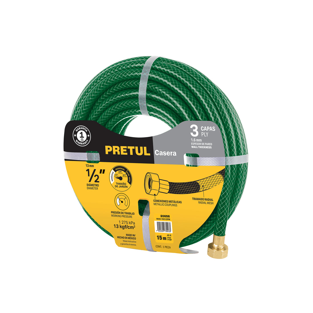 MAN-15X1/2PM Manguera 1/2" reforzada 3 capas conexiones metal 15m, Pretul