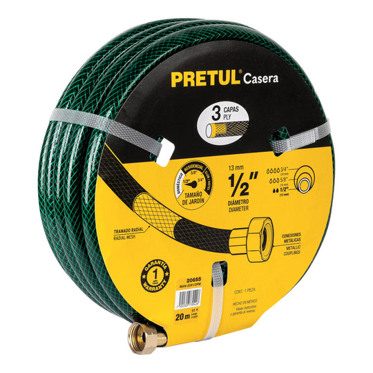 MAN-20X1/2PM Manguera 1/2" reforzada 3 capas conexiones metal 20m, Pretul