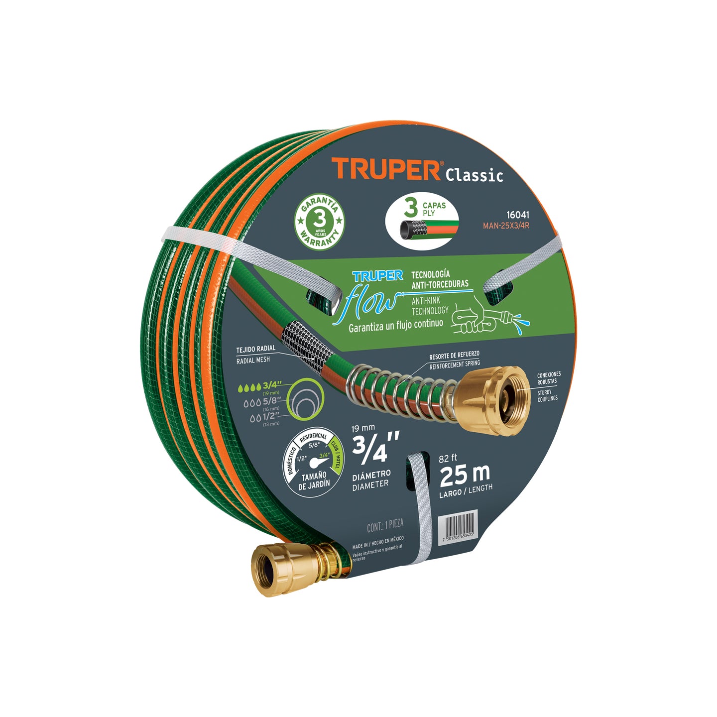 MAN-25X3/4R Manguera 3/4" reforzada 3 capas 25 m conexiones de metal