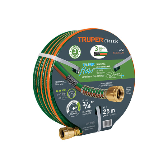 MAN-25X3/4R Manguera 3/4" reforzada 3 capas 25 m conexiones de metal