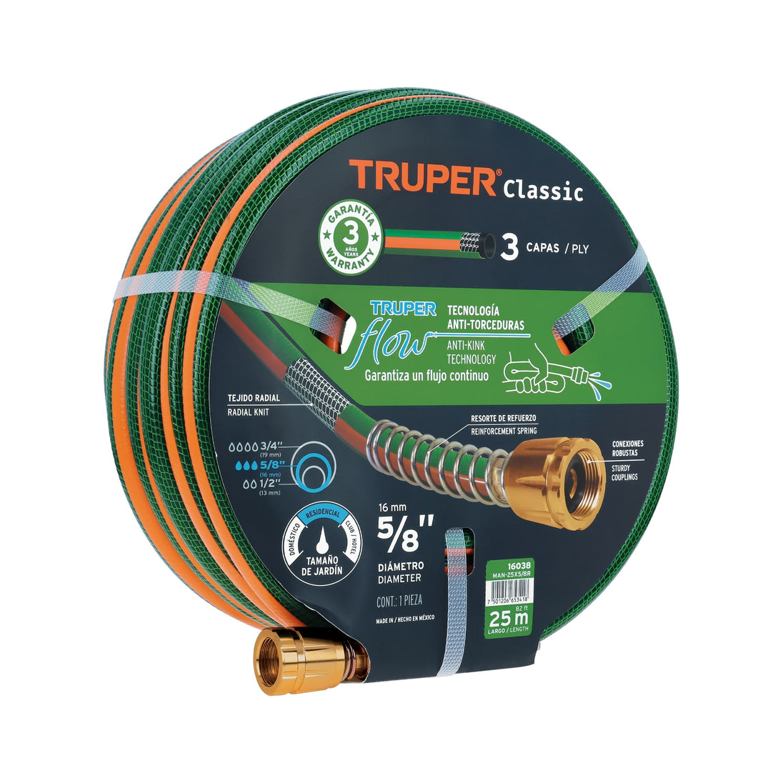 MAN-25X5/8R Manguera 5/8" reforzada 3 capas 25 m conexiones de metal