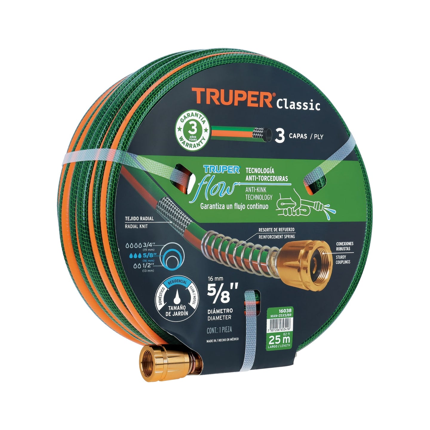 MAN-25X5/8R Manguera 5/8" reforzada 3 capas 25 m conexiones de metal