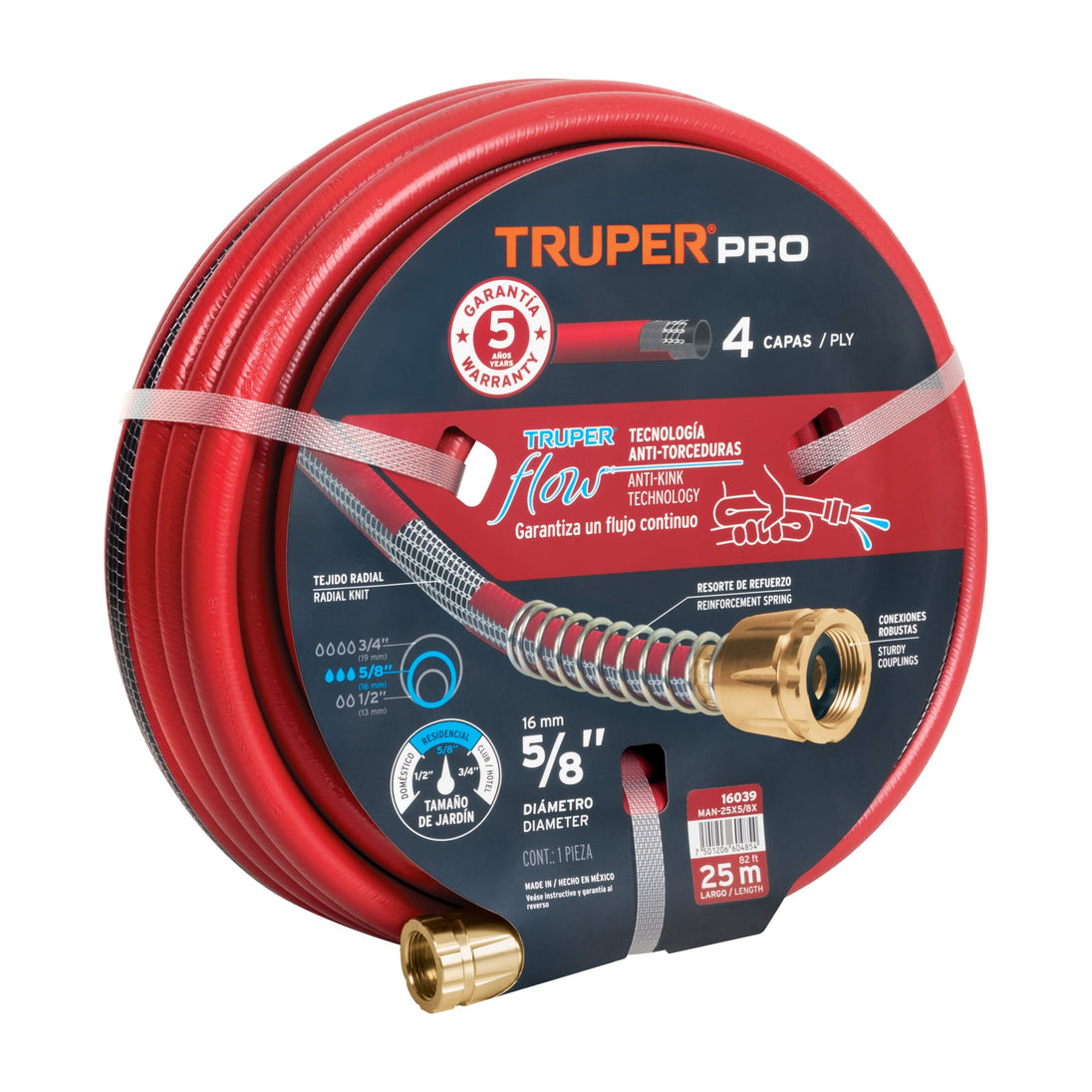 MAN-25X5/8X Manguera 5/8" super reforzada 4 capas 25 m conexiones metal