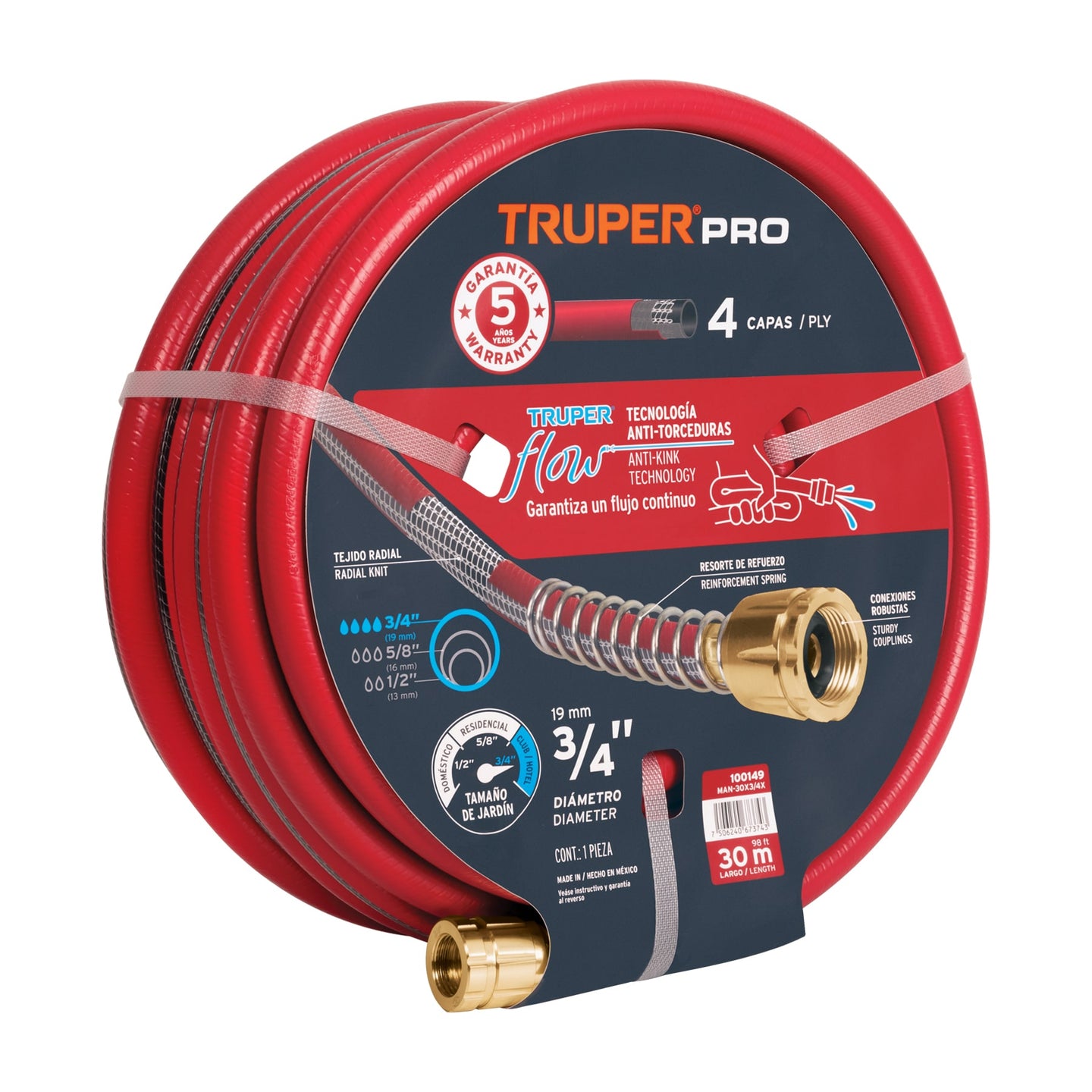 MAN-30X3/4X Manguera 3/4" super reforzada 4 capas 30m conexiones metal