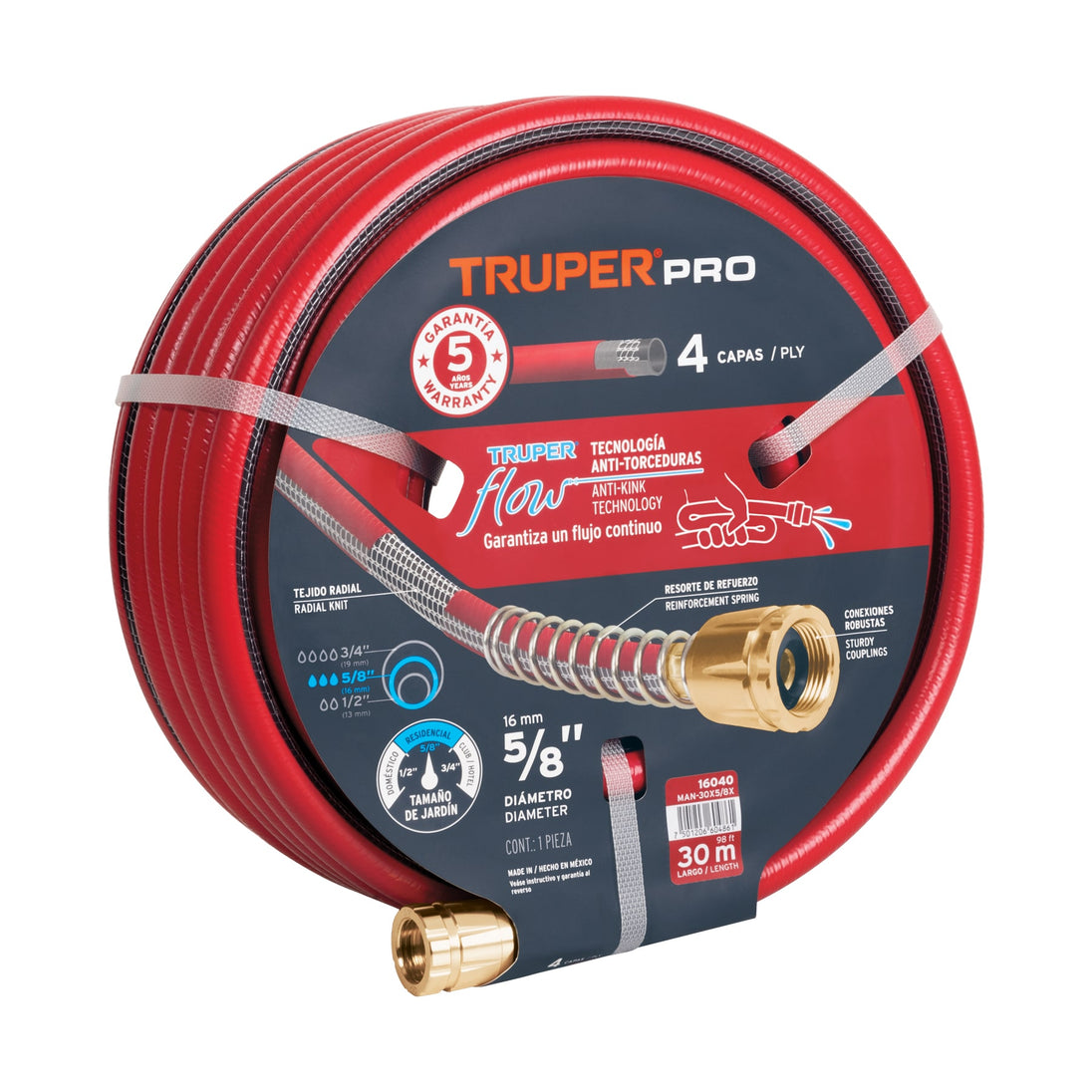 MAN-30X5/8X Manguera 5/8" super reforzada 4 capas 30 m conexiones metal