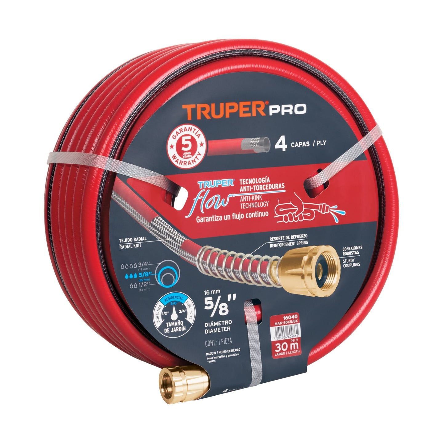 MAN-30X5/8X Manguera 5/8" super reforzada 4 capas 30 m conexiones metal