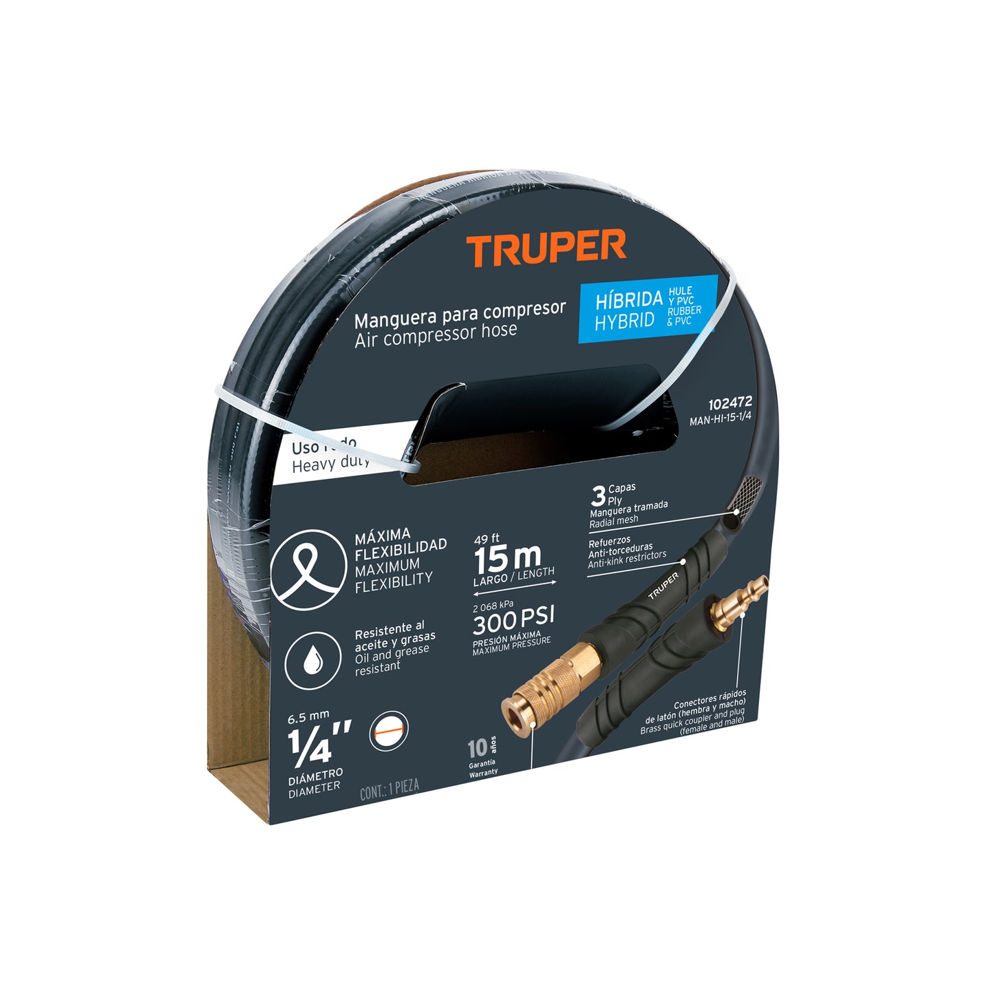 MAN-HI-15-1/4 Manguera para compresor, híbrida, 15m x 1/4", Truper