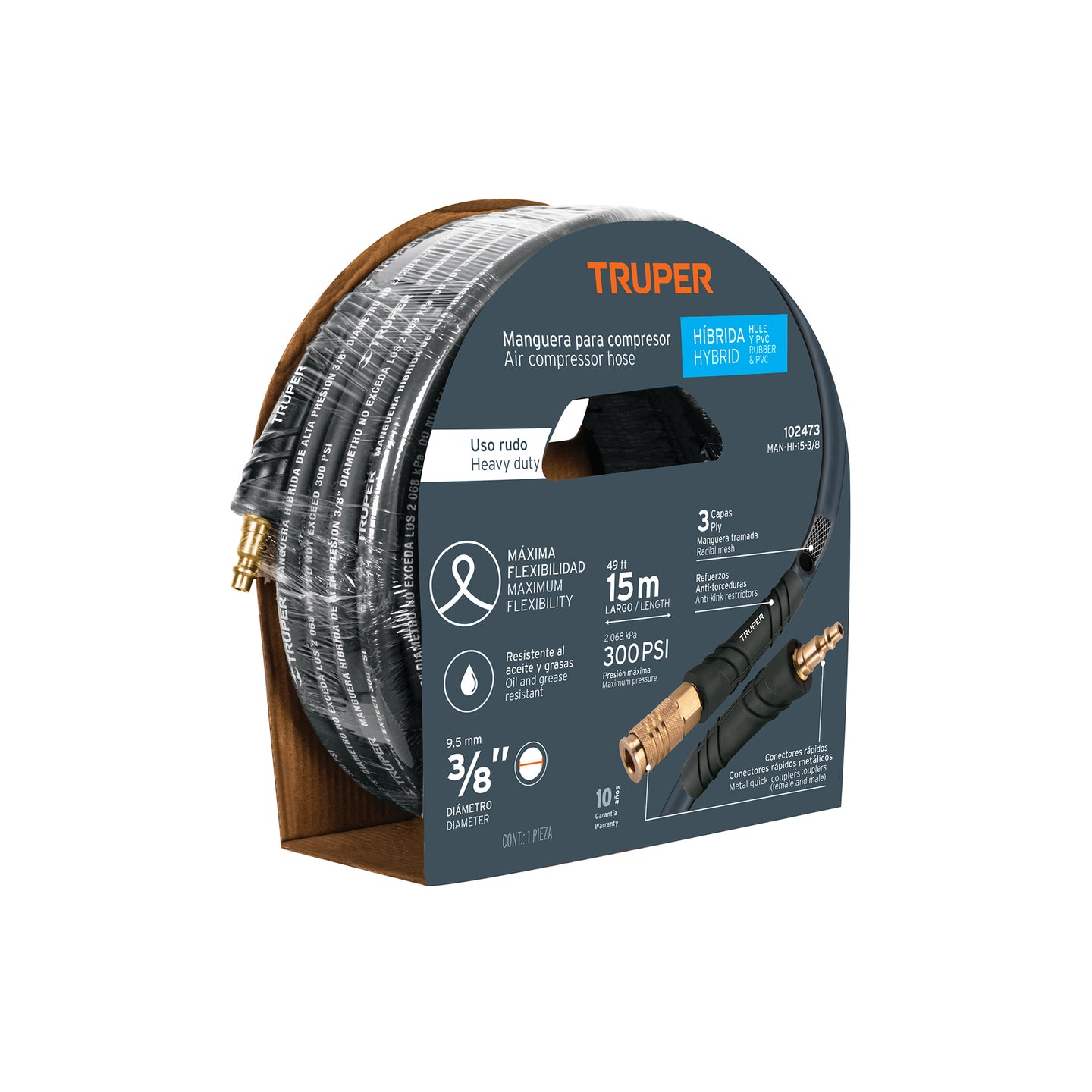 MAN-HI-15-3/8 Manguera para compresor, híbrida, 15m x 3/8", Truper