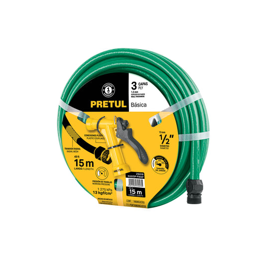 MAN15P-PIM4P Combo manguera MAN-15X1/2P y pistola de riego PIM-4P, PRETUL