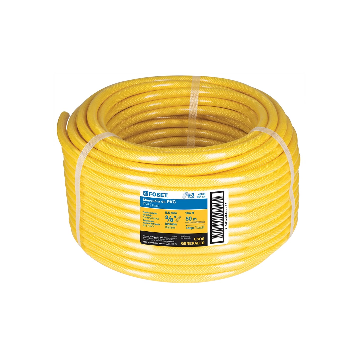 MGA-500 Manguera para gas, PVC amarilla, 3/8" s/conexión, 50 m,FOSET