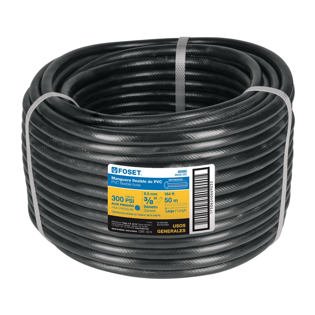 MGAN-500 Manguera para gas, PVC negra, 3/8" sin conexión, 50 m, FOSET