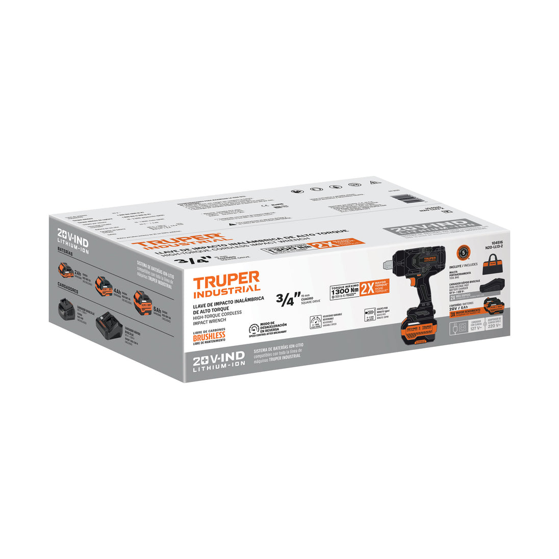Llave Impacto Truper 20V Brushless 3/4" 1300Nm 2 Baterías 6Ah N20-LL13-2