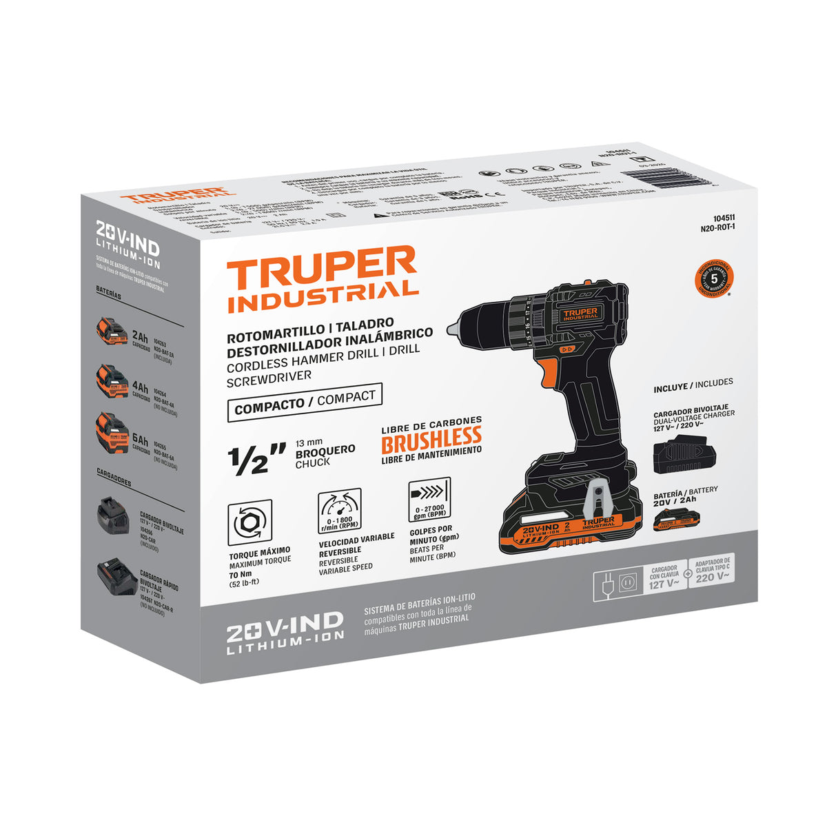 Taladro Percutor Brushless Truper 20V 70Nm 2Ah | N20-ROT-1